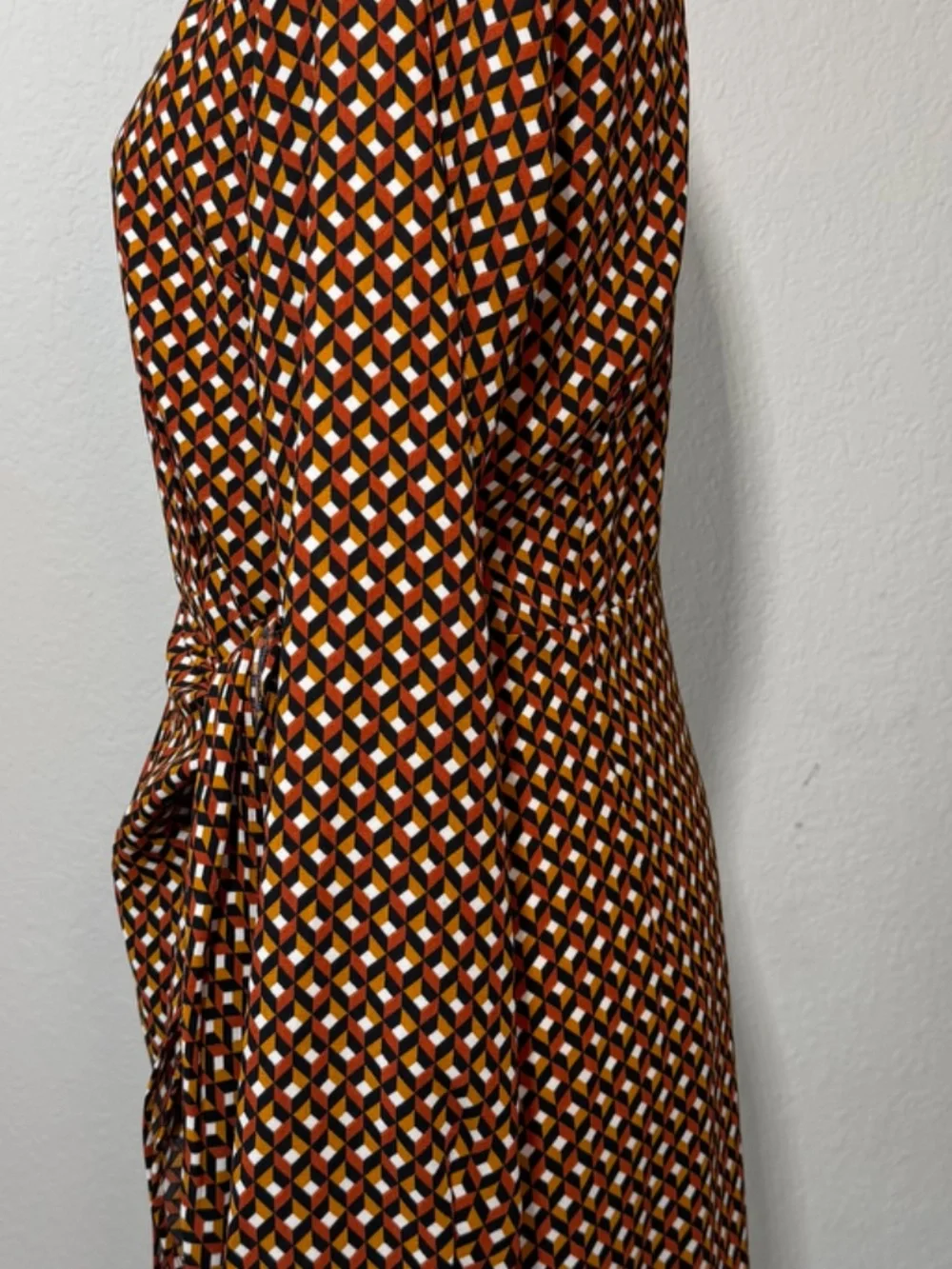 Michael Kors Geometric Print Shirt Dress Tie Waist Long Sleeve Brown